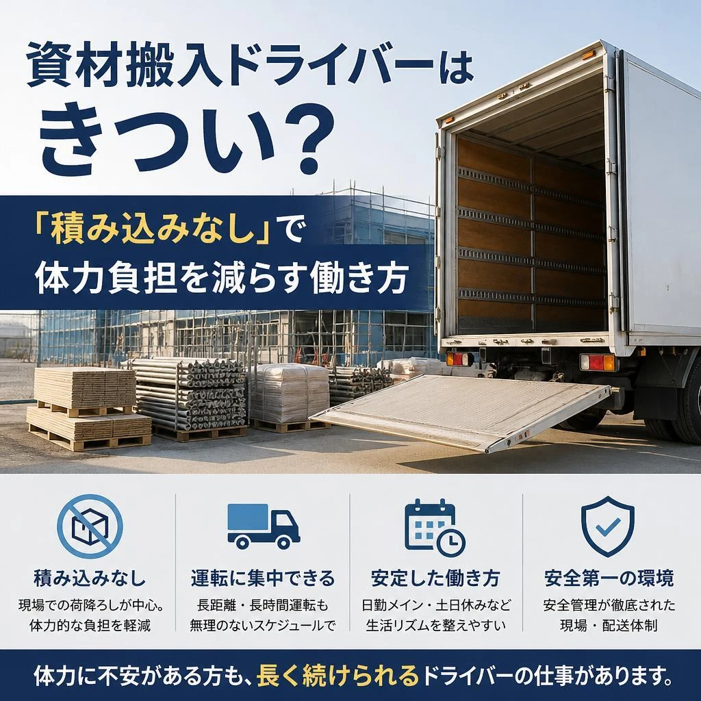 資材搬入ドライバーはきつい？「積み込みなし」で体力負担を減らす働き方