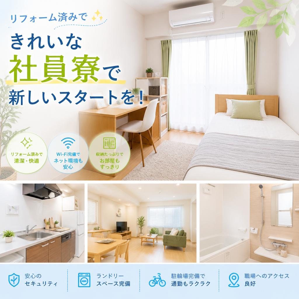 リフォーム済みできれいな社員寮で新しいスタートを！